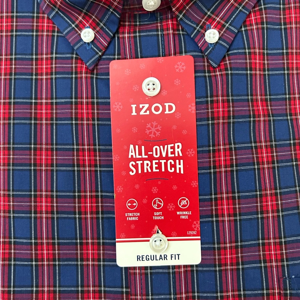 NWT Izod Men's Red and Navy Plaid Button Down Shirt - Size XXL 18-18.5 34/35 - Picture 10 of 12